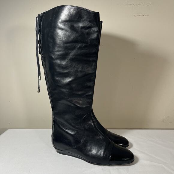 Prialpas Gomma Italy‎ Back Laced Tall Knee High Boot Black Leather 7 1/2 Riding - Picture 2 of 12